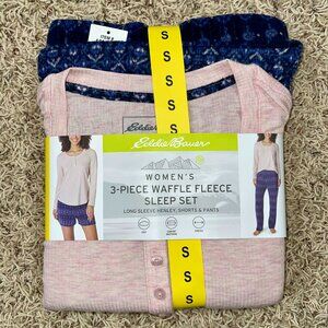 Eddie Bauer Women's 3-Piece Waffle Knit Pajama Set Pink, Size Small (New)